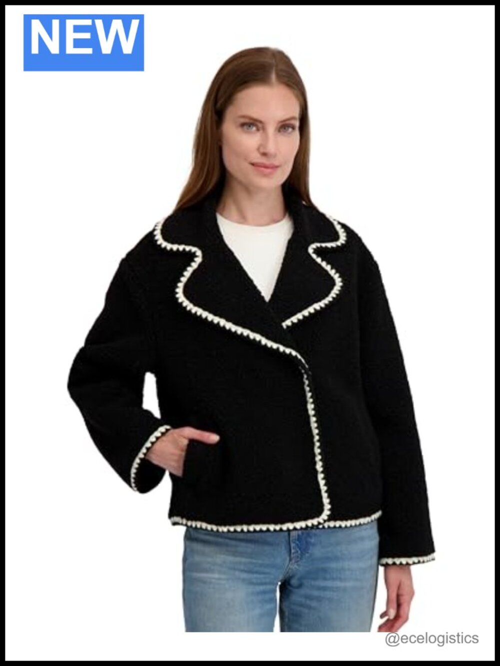 Faux Sherpa Cropped Jacket with Curved Collar, Hidden Snap Closure